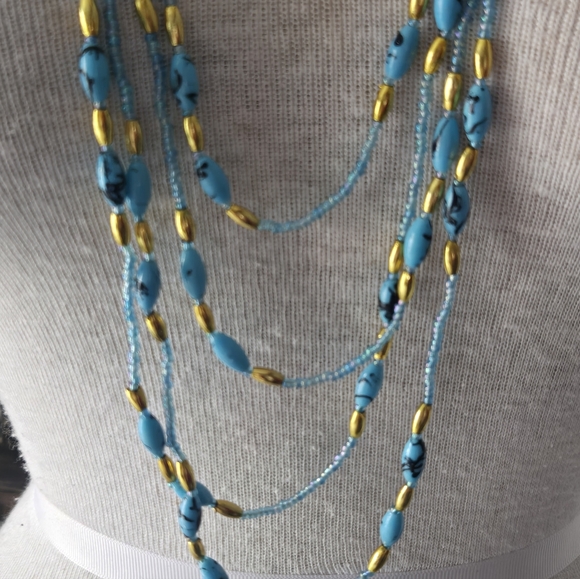 Vintage Turquoise Color Black Swirl Beaded Layered Necklace - Picture 3 of 6